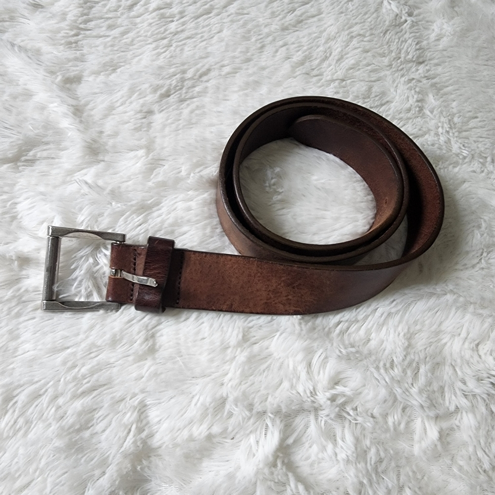 Milos genuine leather brown belt men's size 36 silver square buckle